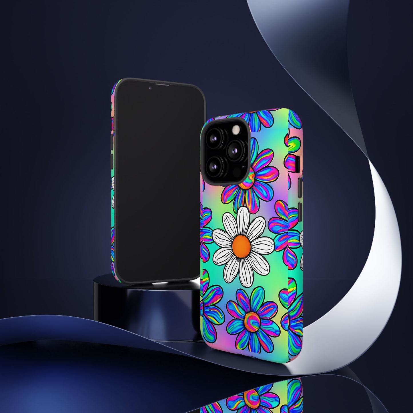 Trippy Daisy Tough Phone Case - Psychedelic Floral Design, Colorful Retro Aesthetic, Compatible with iPhone, Galaxy, and Google Phones