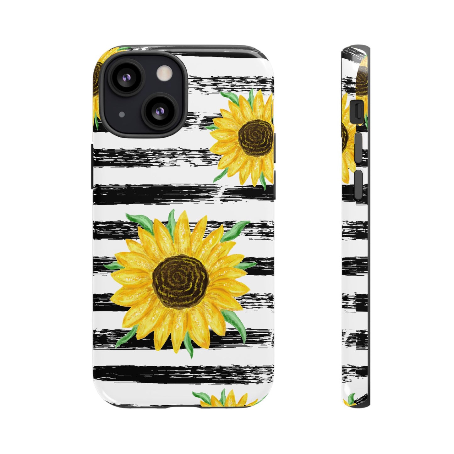 Sunflower Tough Phone Case - Bright Yellow Floral Art, Black and White Striped Aesthetic, Compatible with iPhone, Galaxy, and Google Phones
