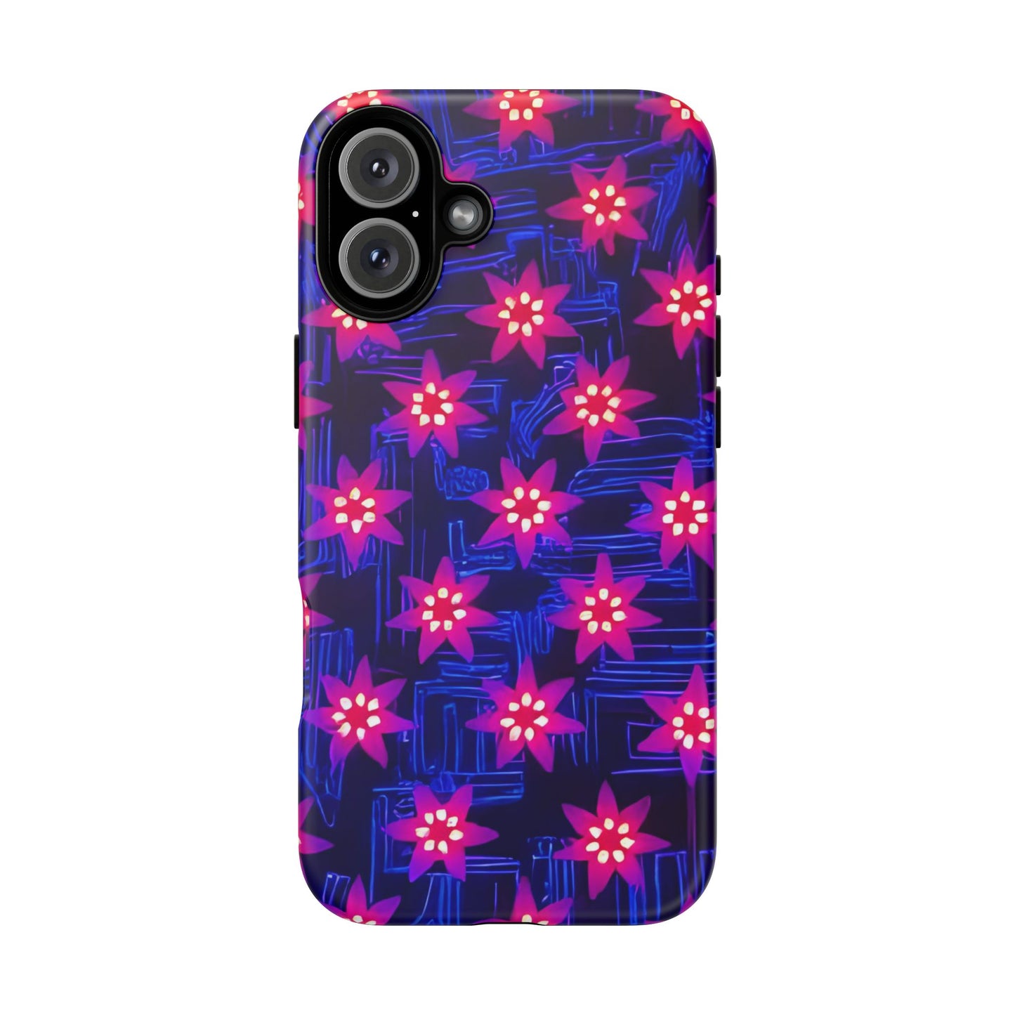Neon Flower Tough Phone Case - Trippy Dark Floral Art, Electric Glow Aesthetic, Compatible with iPhone, Galaxy, and Google Phones