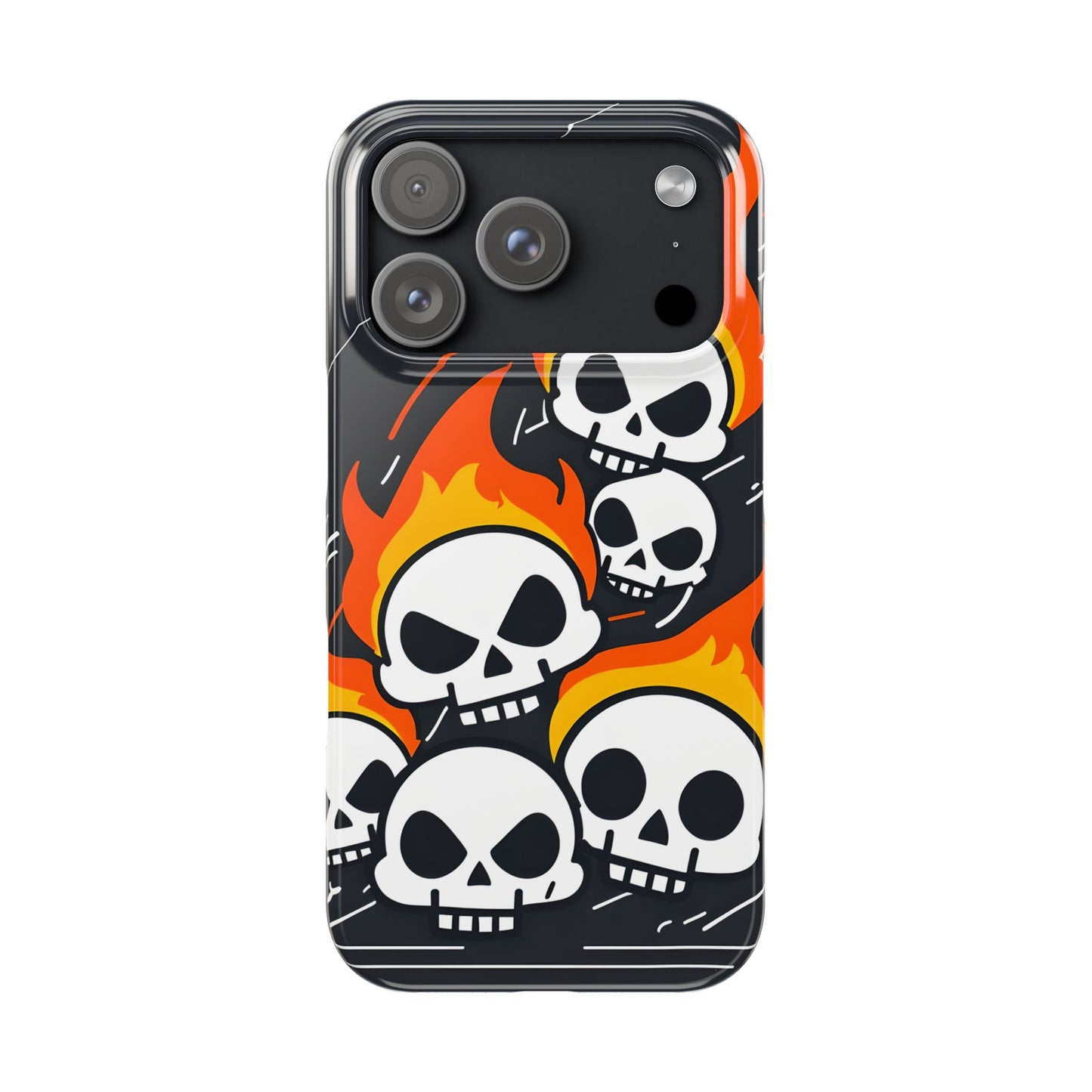 Flaming Skulls Slim Phone Case, Y2K Alt Halloween Aesthetic, Creepy Cute Cartoon Style, Stylish Music Lovers, Perfect Gift for Halloween