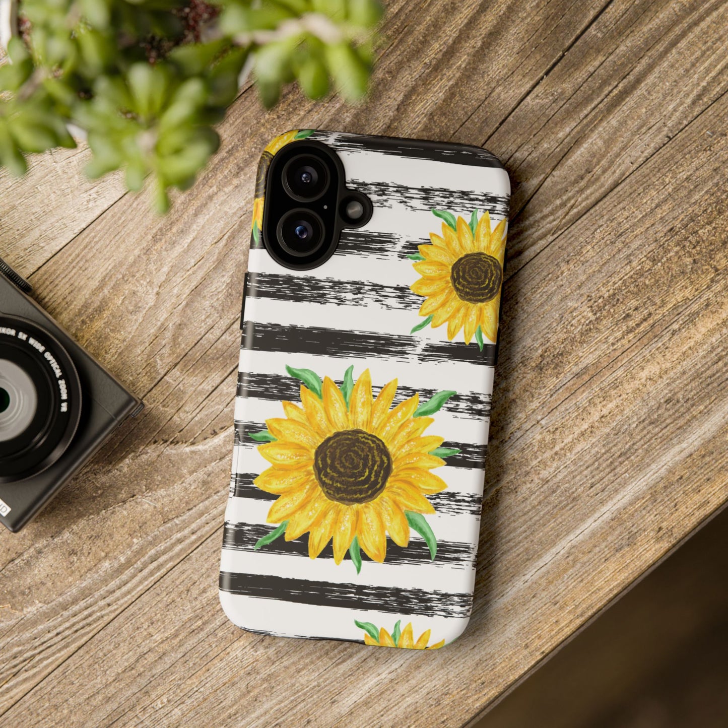 Sunflower Tough Phone Case - Bright Yellow Floral Art, Black and White Striped Aesthetic, Compatible with iPhone, Galaxy, and Google Phones