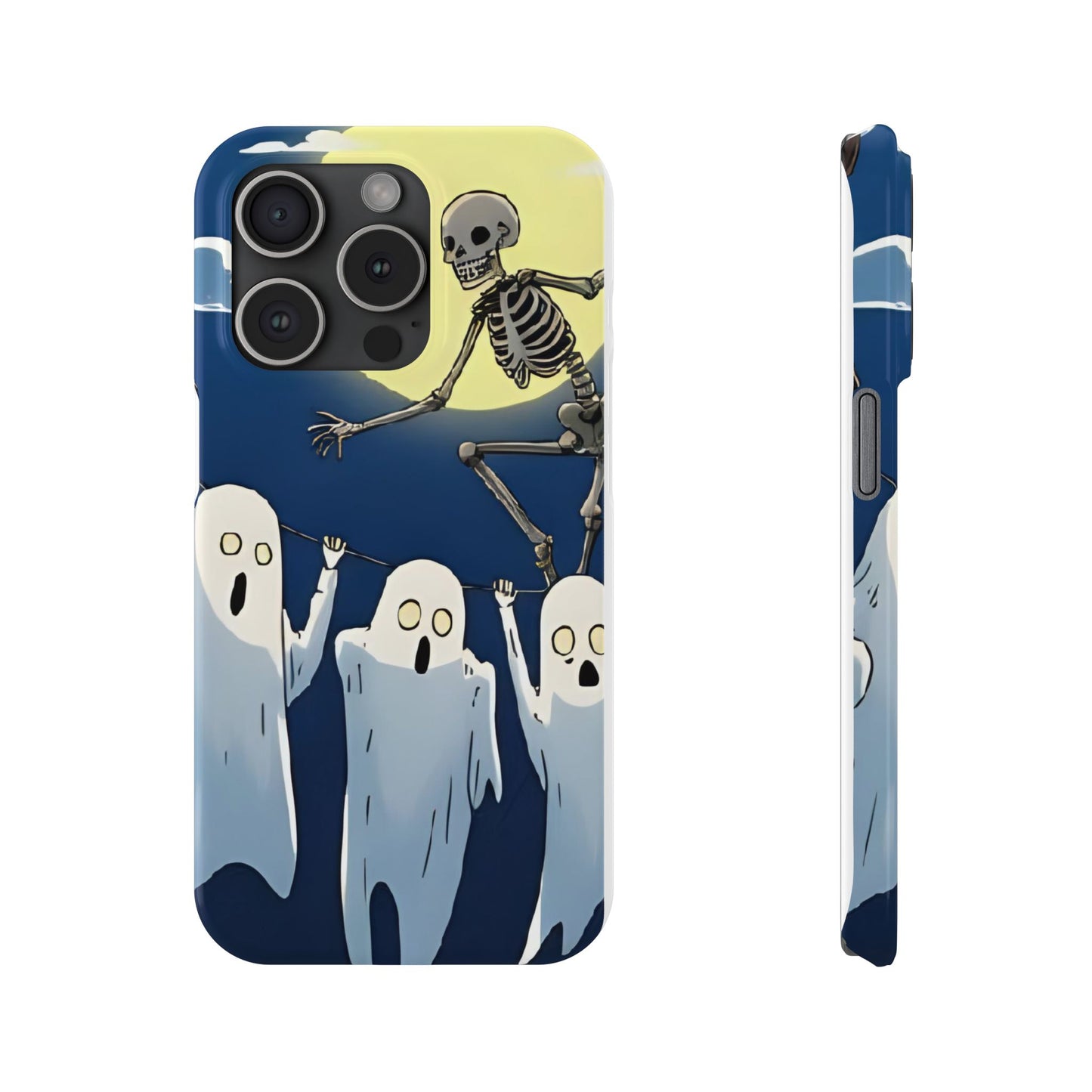 Jumping Skeleton Slim Phone Case - Halloween Aesthetic, Creepy Cute Ghost Cartoon Style, Compatible with iPhone, Galaxy, and Google Phones