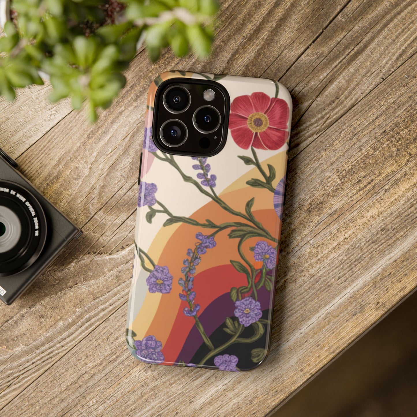 Retro Floral Rainbow Design Tough Phone Case - Compatible with iPhone 16, 15, 14, 13, 12, 11, X, Xr, Xs Pro Max Plus X Samsung Google Pixel