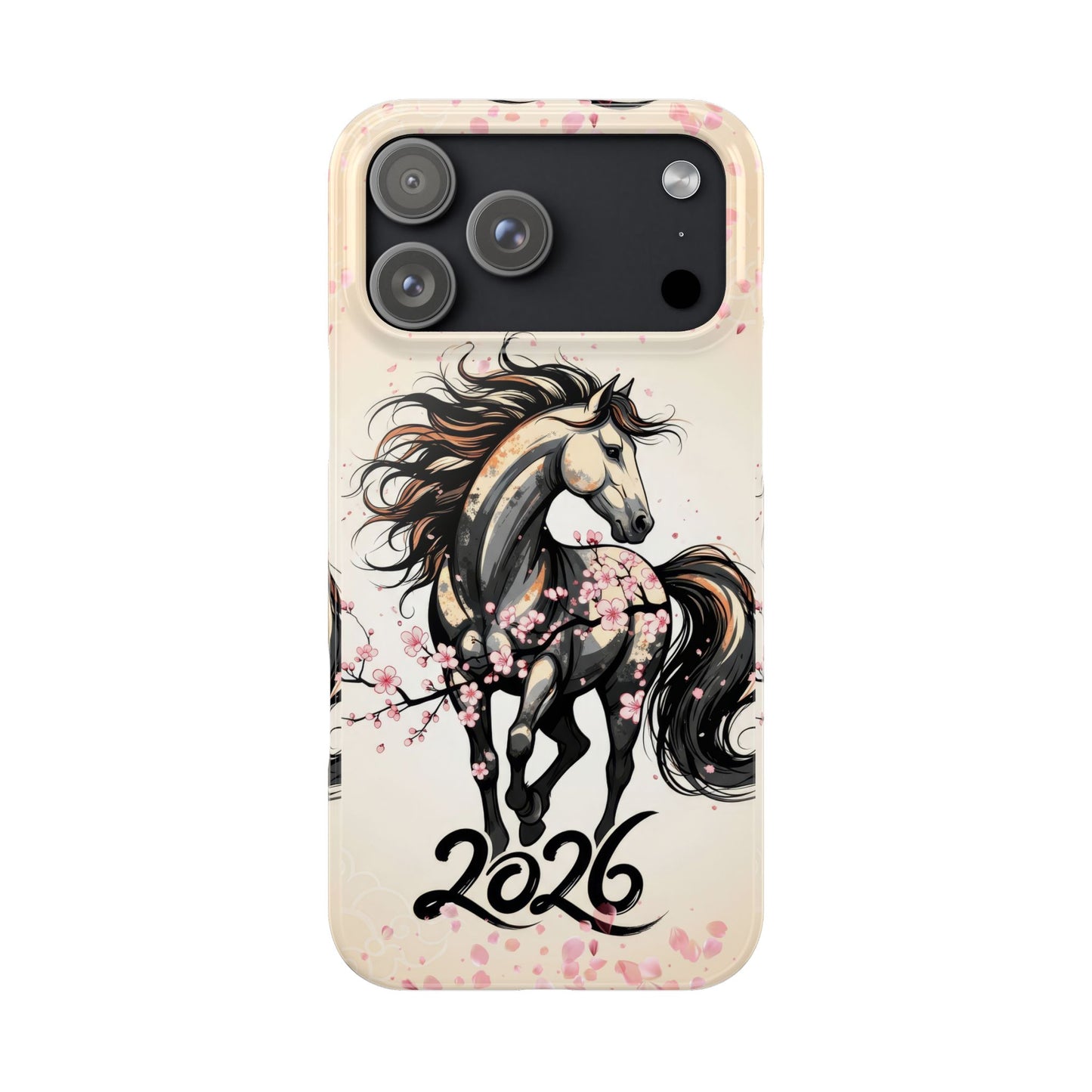 Year of the Horse Floral Art Slim Phone Case, Chinese Zodiac 2026 Design, compatible with iPhone 17 16 15 14 13 12 11