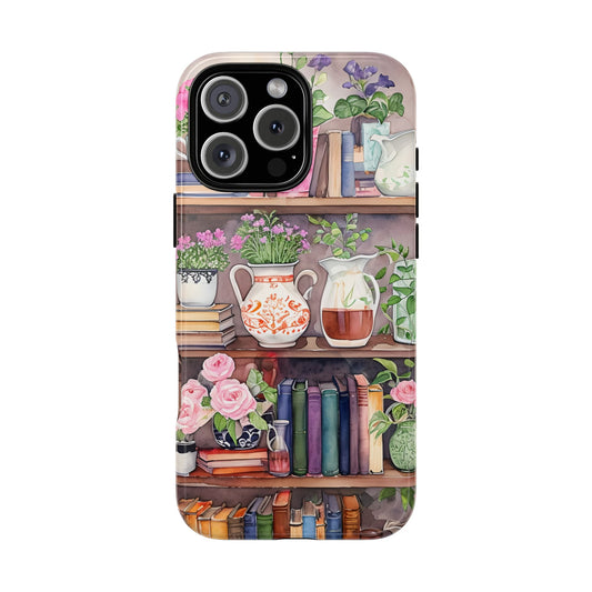 Watercolor Bookcase Phone Case, Book Lover Floral Design, Cottagecore Academia Aesthetic Compatible with iPhone, Samsung Galaxy,Google Pixel