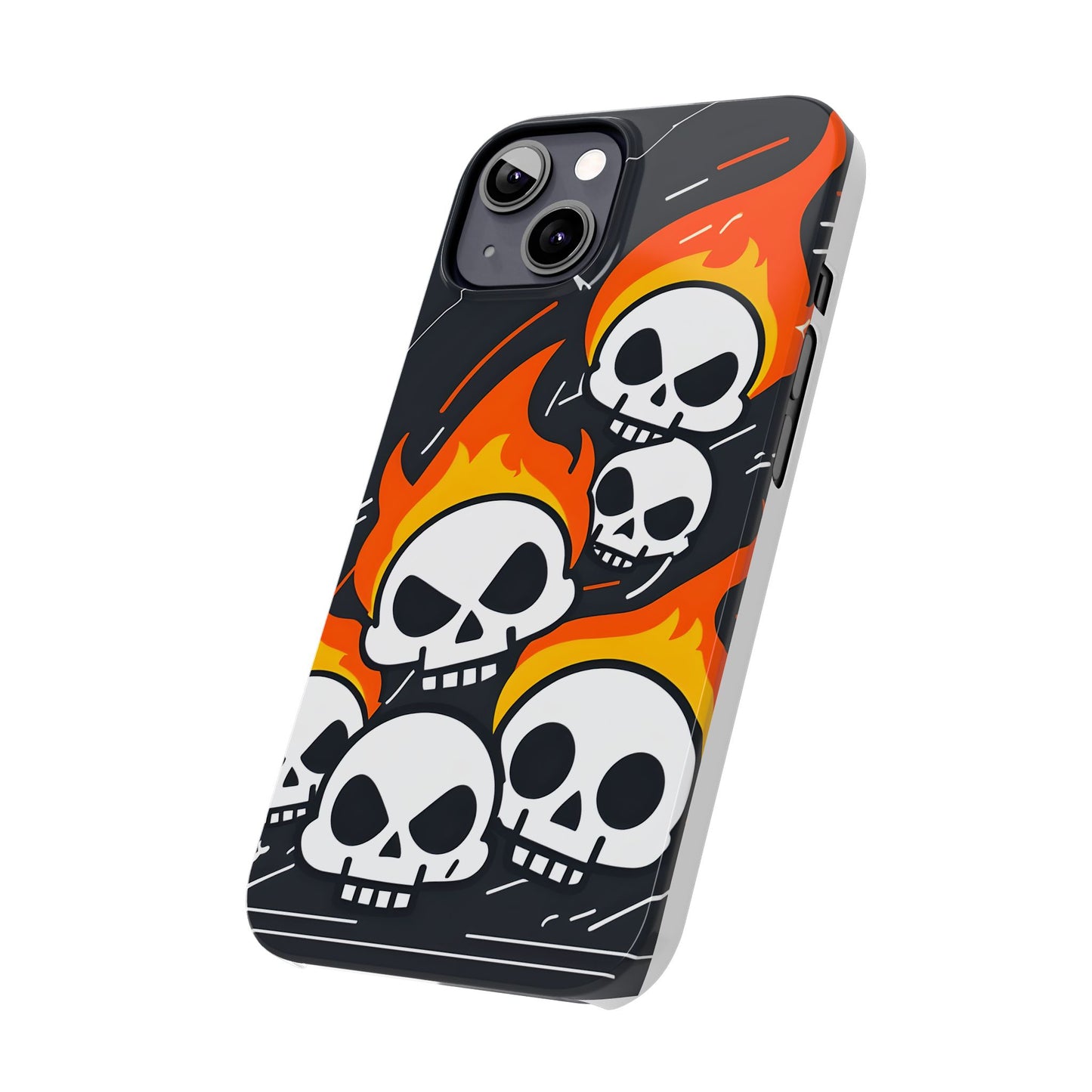 Flaming Skulls Slim Phone Case, Y2K Alt Halloween Aesthetic, Creepy Cute Cartoon Style, Stylish Music Lovers, Perfect Gift for Halloween