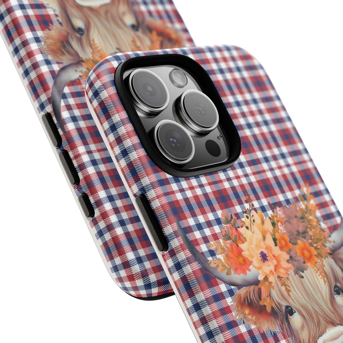 Floral Highland Cow Phone Case, Red White Blue Plaid | Rustic Western Boho Farmhouse | iPhone, Google, Galaxy Compatible