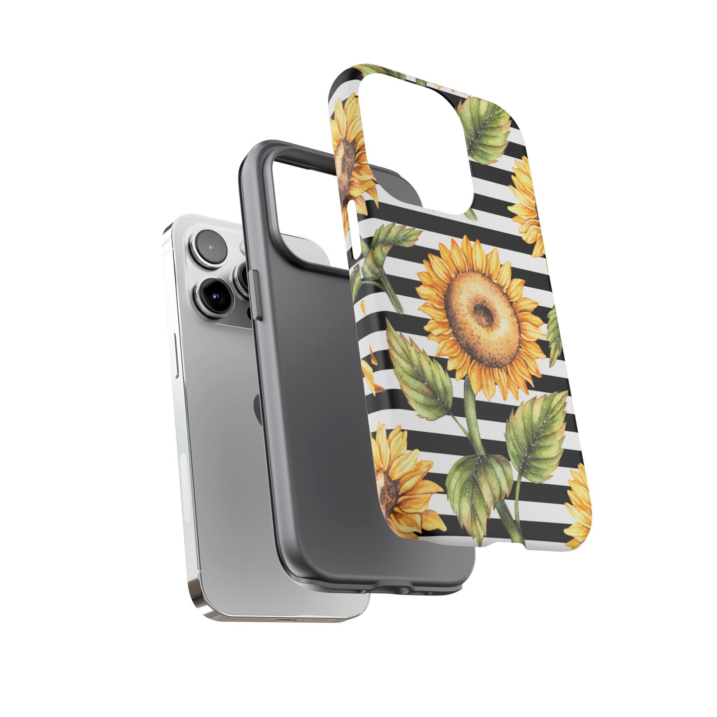 Sunflower Tough Phone Case - Bold Yellow Floral Art, Black and White Striped Aesthetic, Compatible with iPhone, Galaxy, and Google Phones