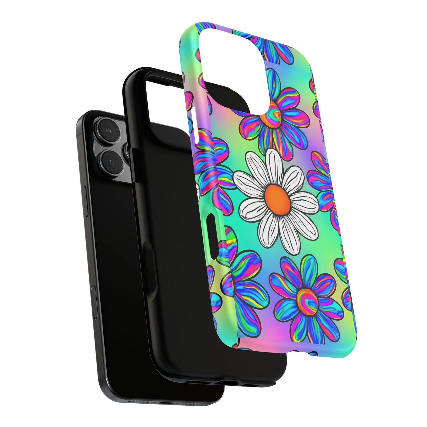 Trippy Daisy Tough Phone Case - Psychedelic Floral Design, Colorful Retro Aesthetic, Compatible with iPhone, Galaxy, and Google Phones