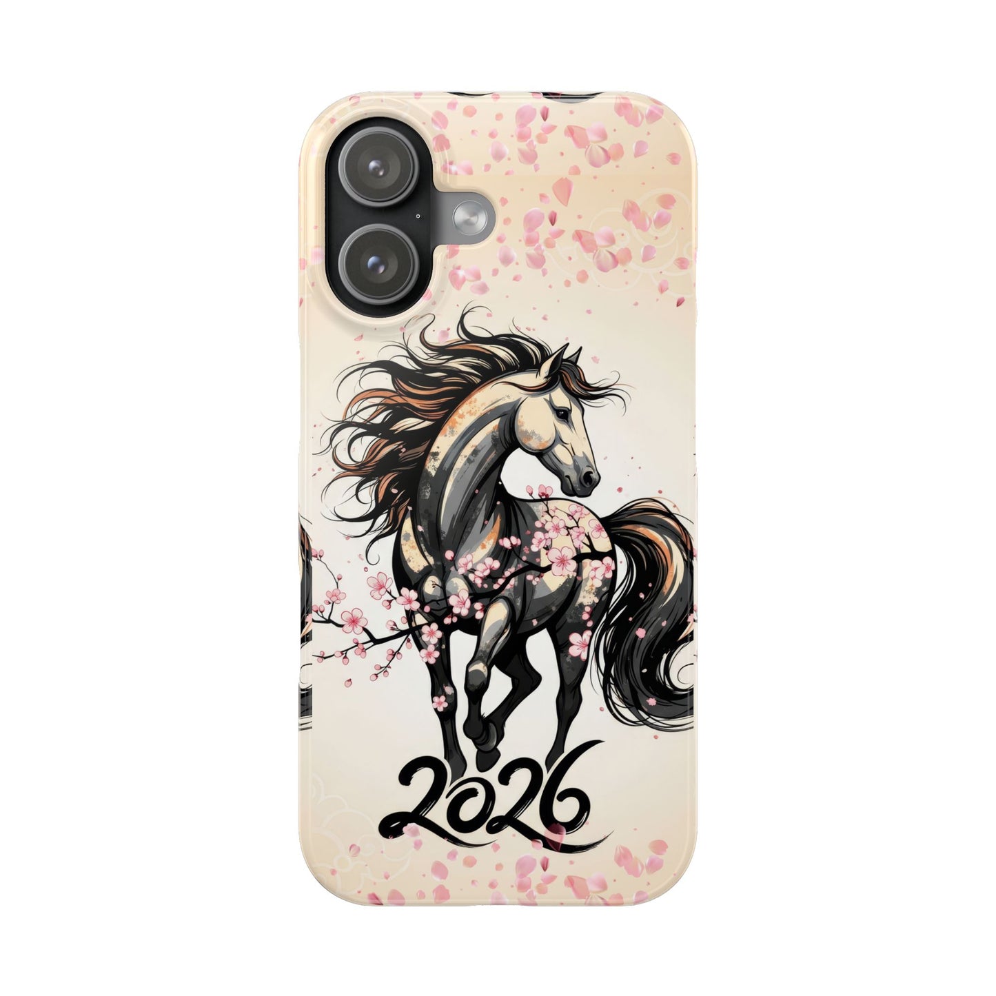 Year of the Horse Floral Art Slim Phone Case, Chinese Zodiac 2026 Design, compatible with iPhone 17 16 15 14 13 12 11
