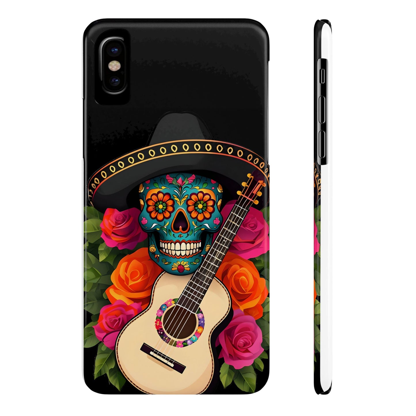 Mariachi Skull Slim Phone Case, Colorful Folk Aesthetic, Halloween Floral Skull Design, Gift for Mexican Culture Lovers