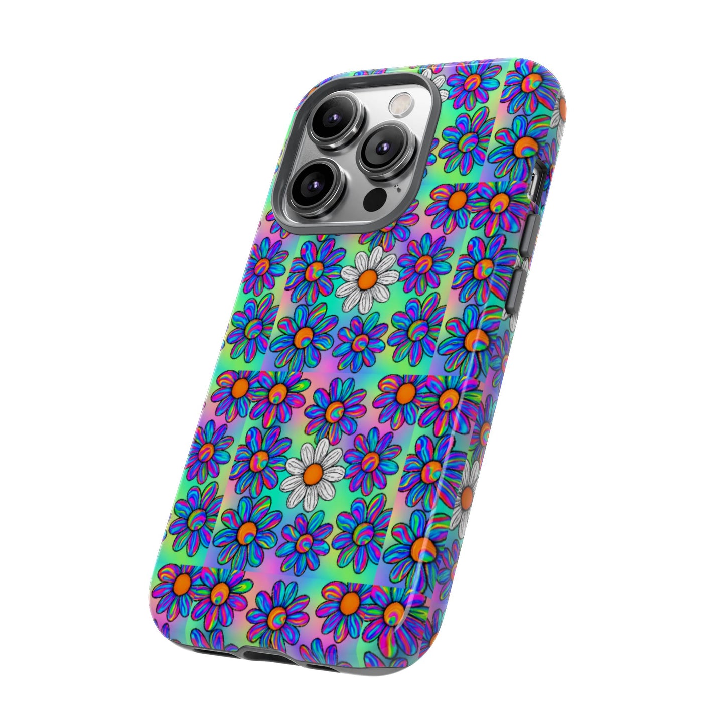 Trippy Daisy Tough Phone Case - Psychedelic Floral Aesthetic, Colorful Groovy Design, Compatible with iPhone, Galaxy, and Google Phones
