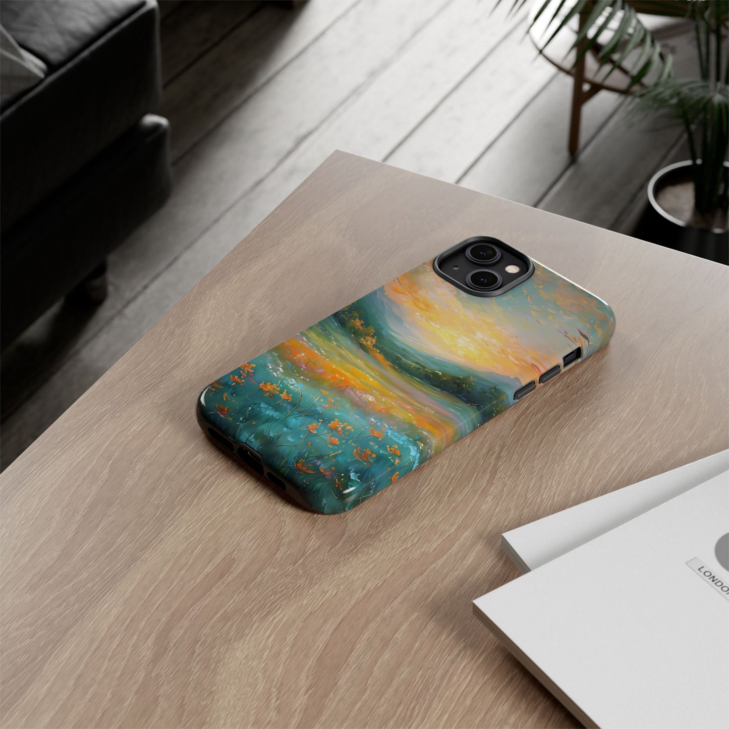 Wildflower Meadow Scenery Tough Phone Case, Oil Painting, Mountain Sunrise Compatible with iPhone 17, 16, 15, 14, 13, Galaxy, Google