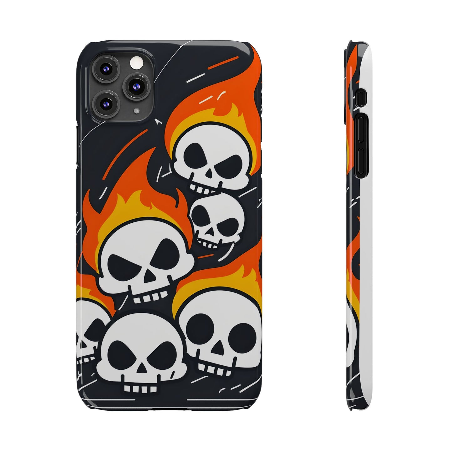 Flaming Skulls Slim Phone Case, Y2K Alt Halloween Aesthetic, Creepy Cute Cartoon Style, Stylish Music Lovers, Perfect Gift for Halloween