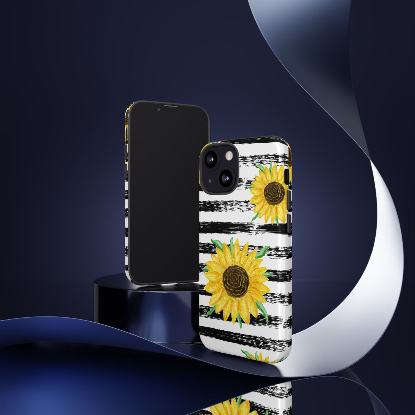 Sunflower Tough Phone Case - Bright Yellow Floral Art, Black and White Striped Aesthetic, Compatible with iPhone, Galaxy, and Google Phones