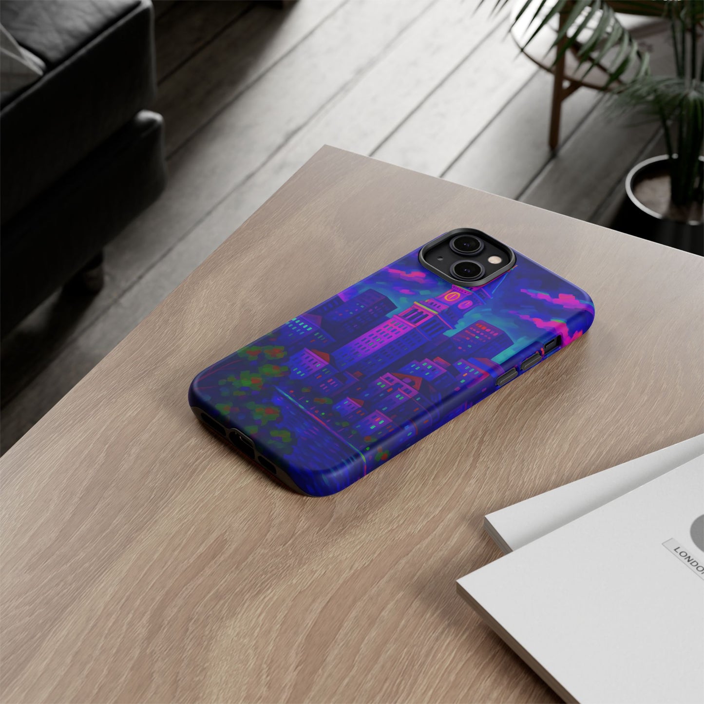 Boston Cityscape Tough Phone Case, Neon Night Skyline, Sunset Tower View Watercolor Urban Art, Compatible with iPhone, Galaxy, Google Phones