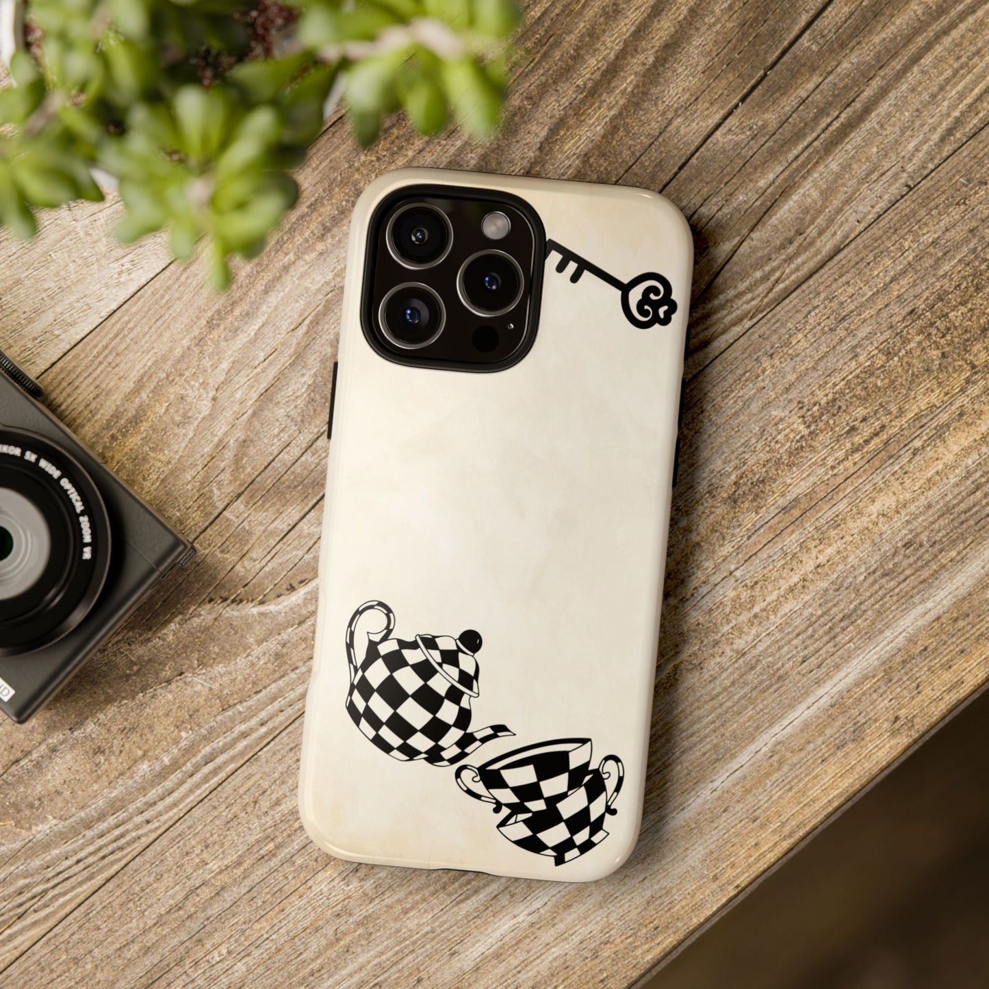 Storybook-style tough phone case with the iconic Wonderland signpost in black and white against a soft beige background. A timeless accessory for those who love fantasy art and durable design.

