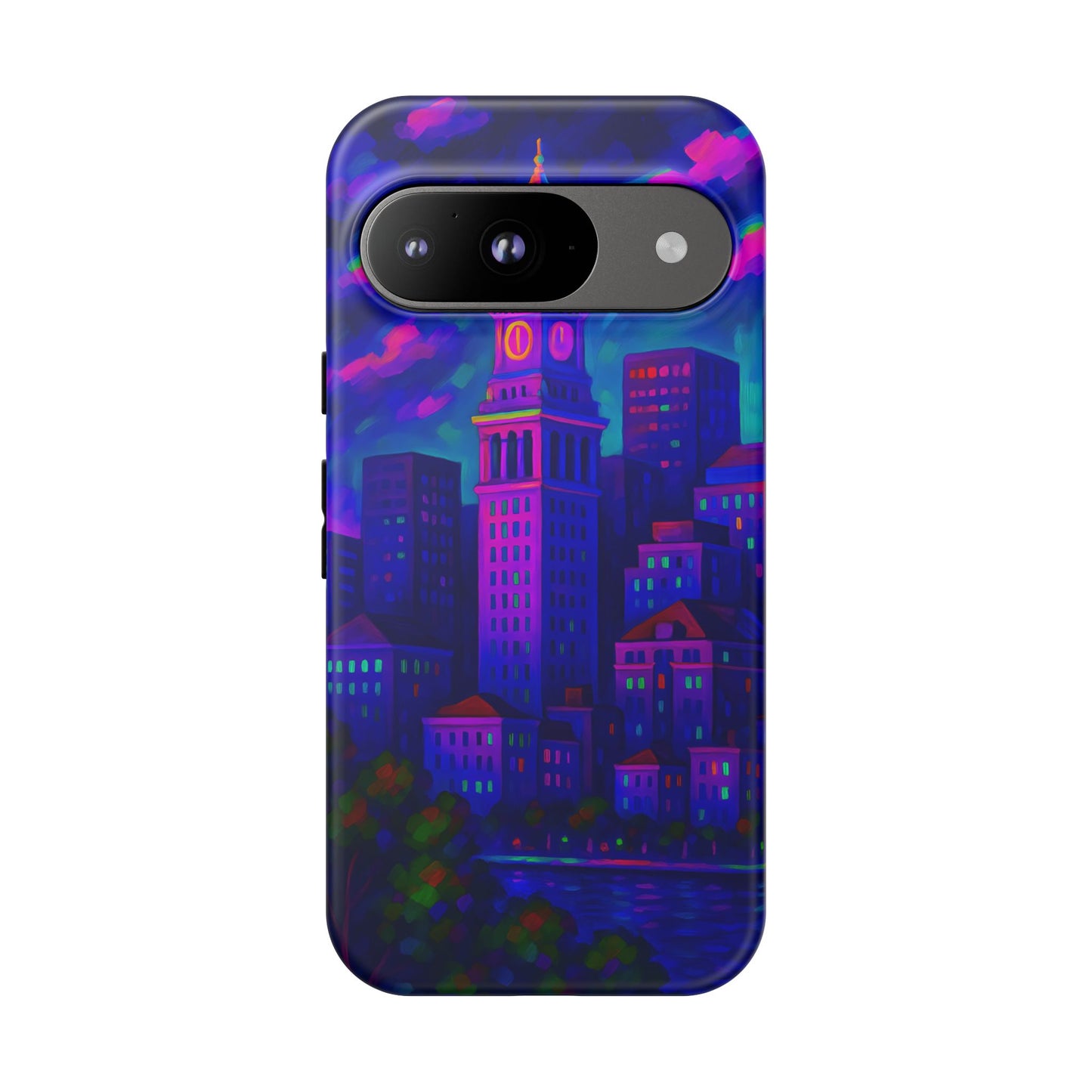 Boston Cityscape Tough Phone Case, Neon Night Skyline, Sunset Tower View Watercolor Urban Art, Compatible with iPhone, Galaxy, Google Phones