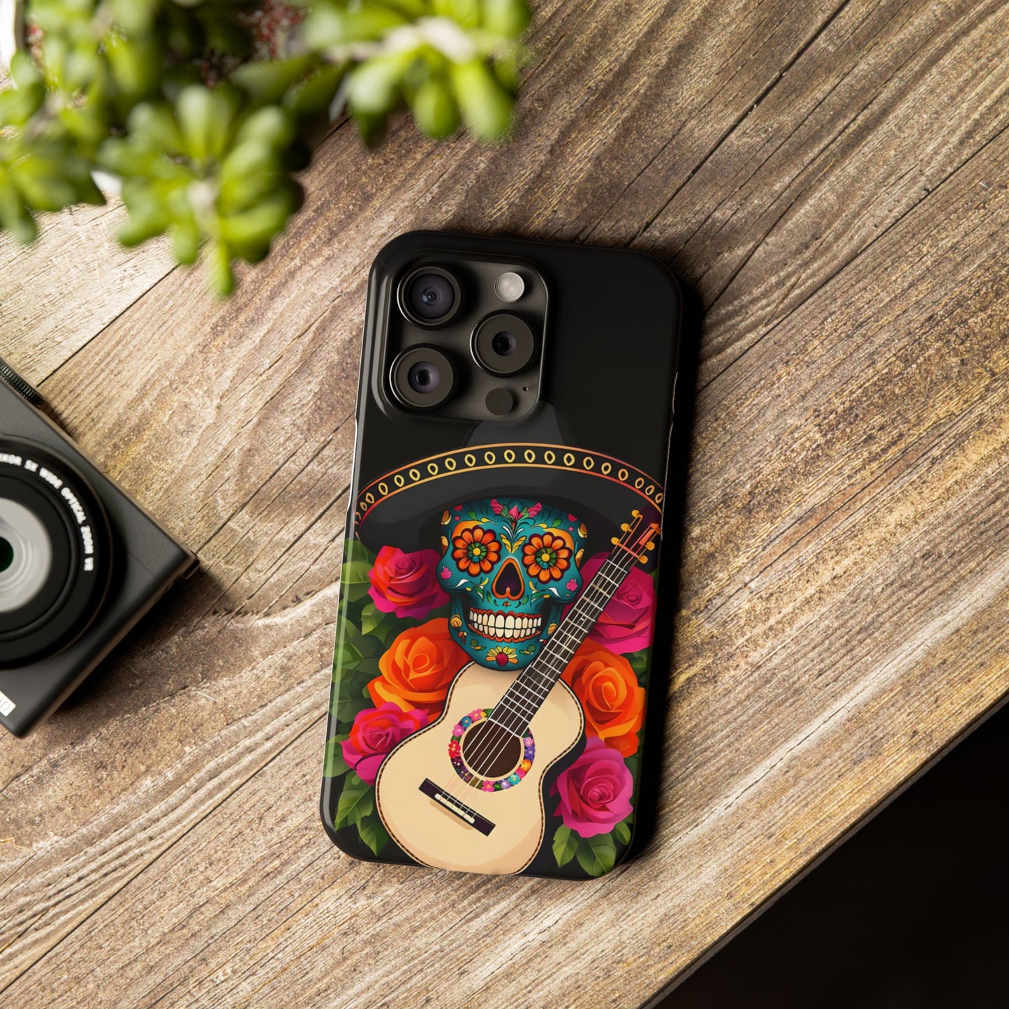 Mariachi Skull Slim Phone Case, Colorful Folk Aesthetic, Halloween Floral Skull Design, Gift for Mexican Culture Lovers
