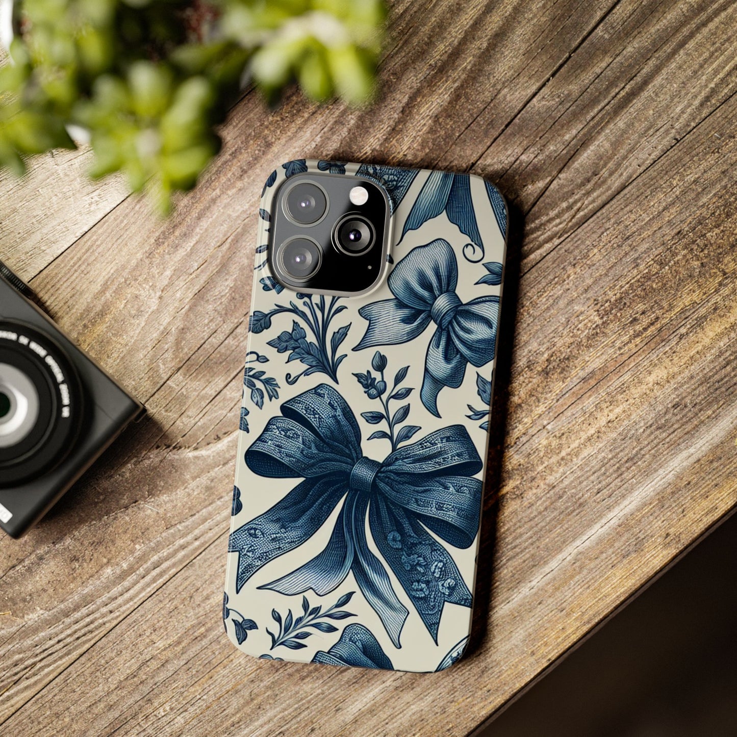 Elegant Floral Bow Slim Phone Case, Blue Flower Phone Cover, Gift for Her, Stylish Tech Accessory, Wedding Gift, Floral Design