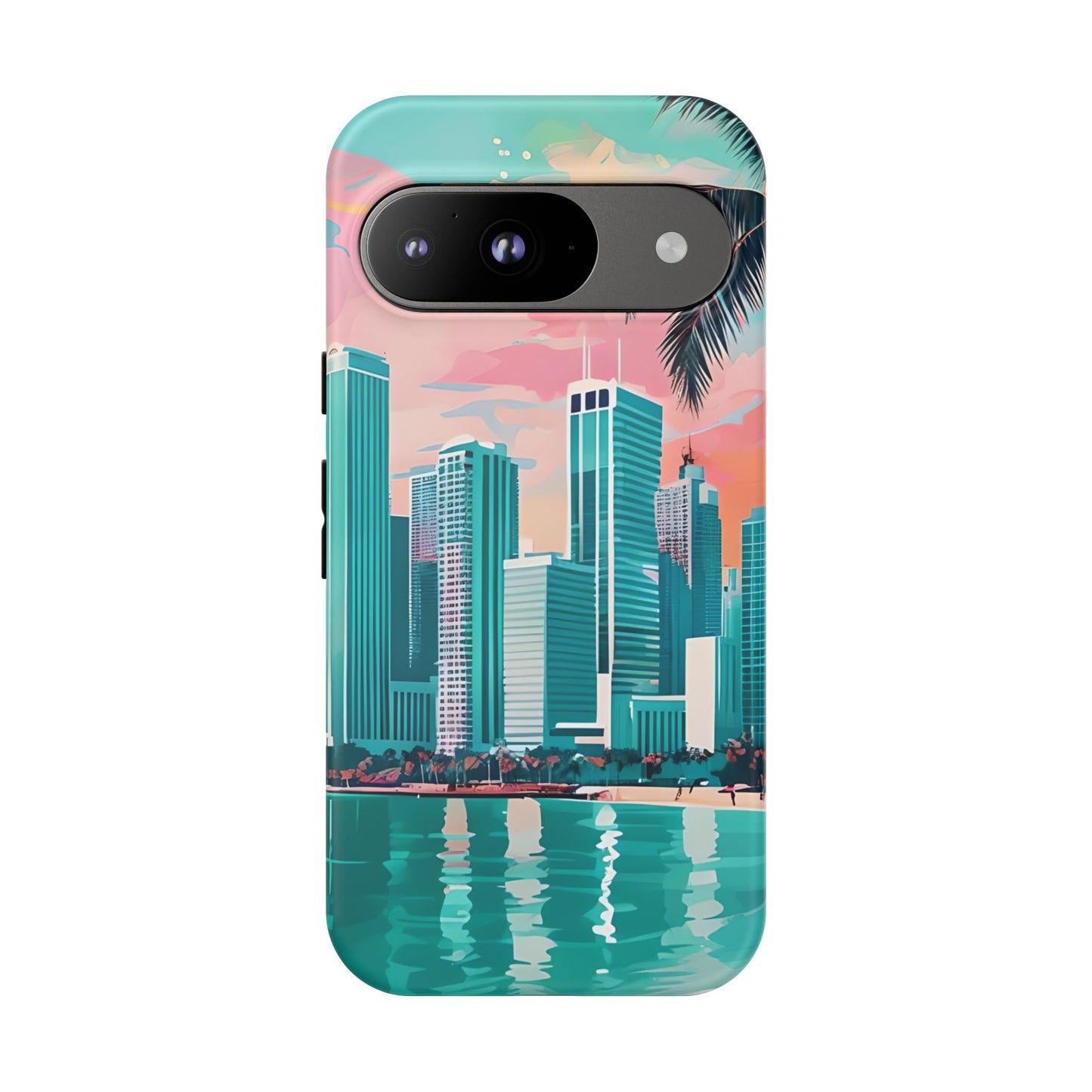 Miami Cityscape Phone Case - Tropical Skyline Tough Case, Sunset Beach Urban Art, Gift for Travelers Compatible with iPhone, Galaxy, Google