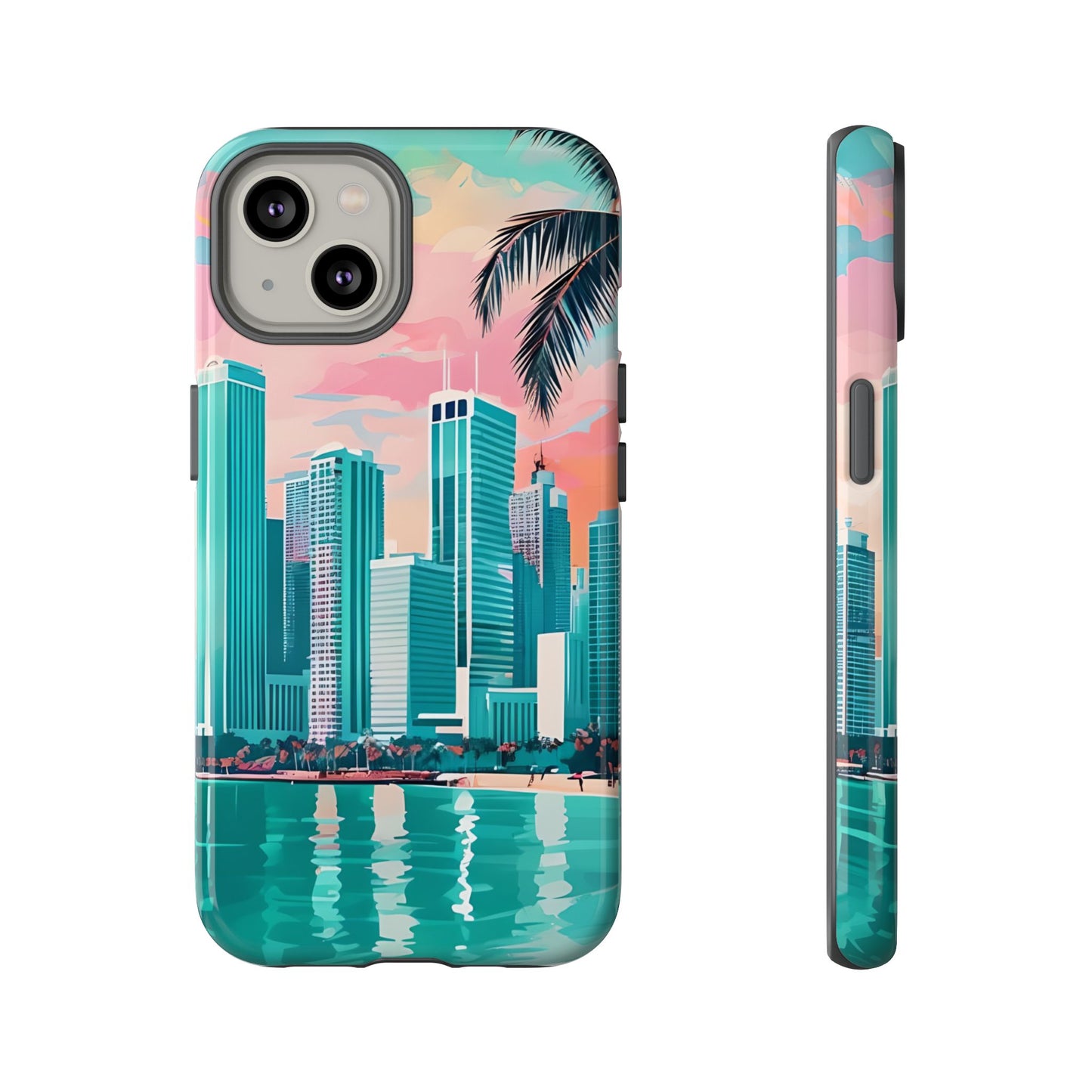 Miami Cityscape Phone Case - Tropical Skyline Tough Case, Sunset Beach Urban Art, Gift for Travelers Compatible with iPhone, Galaxy, Google