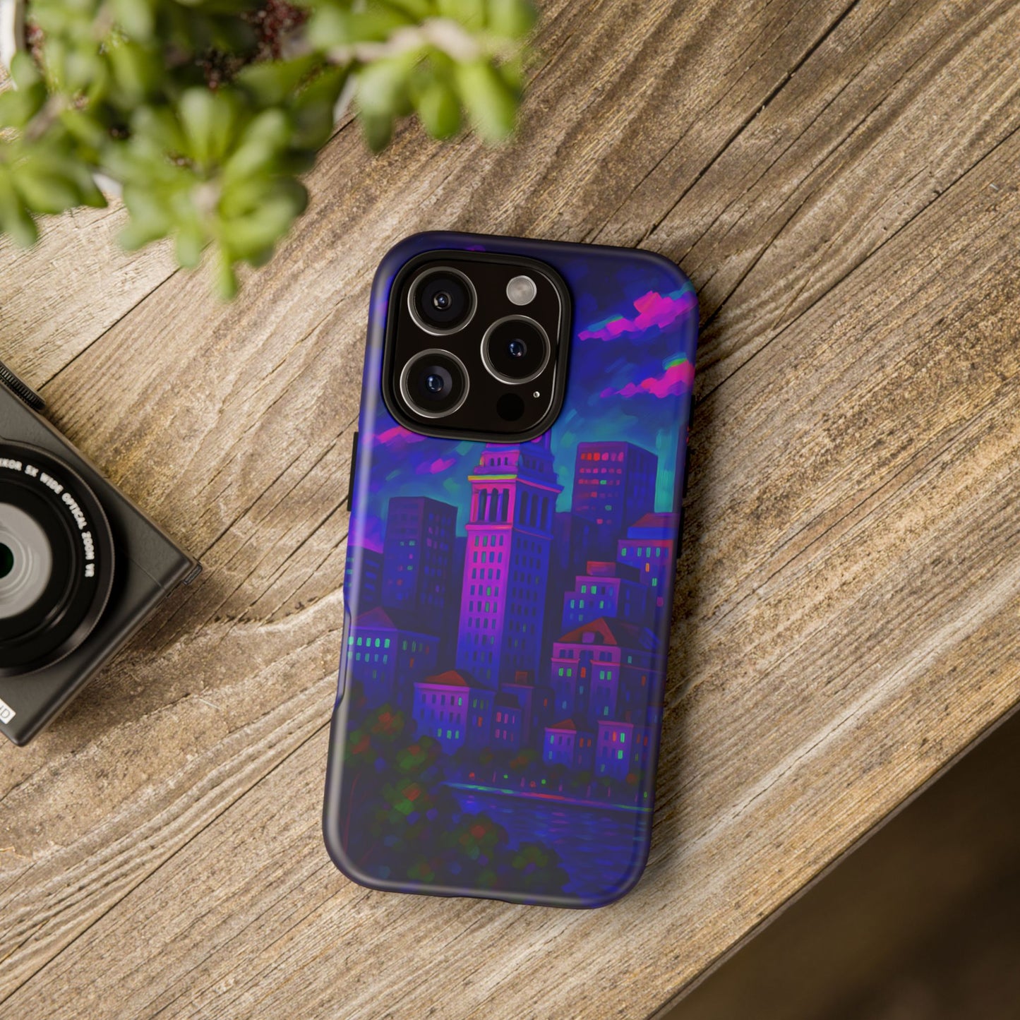 Boston Cityscape Tough Phone Case, Neon Night Skyline, Sunset Tower View Watercolor Urban Art, Compatible with iPhone, Galaxy, Google Phones