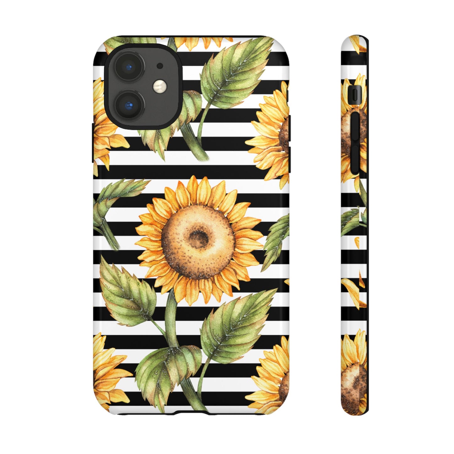 Sunflower Tough Phone Case - Bold Yellow Floral Art, Black and White Striped Aesthetic, Compatible with iPhone, Galaxy, and Google Phones