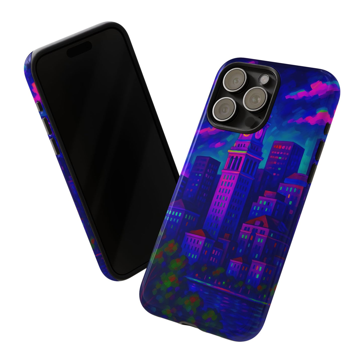 Boston Cityscape Tough Phone Case, Neon Night Skyline, Sunset Tower View Watercolor Urban Art, Compatible with iPhone, Galaxy, Google Phones
