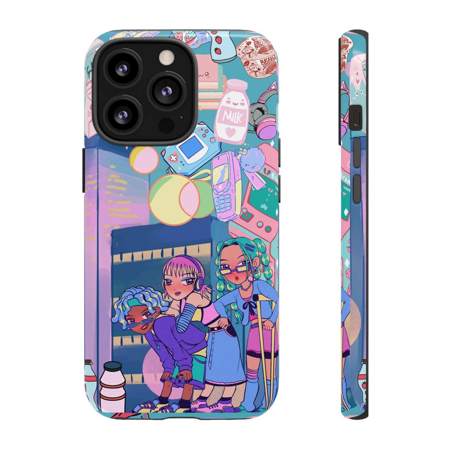 Y2K Anime Girl Tough Phone Case - Kawaii Vaporwave Style, Cute Maximalist Aesthetic, Compatible with iPhone, Galaxy, and Google Phones