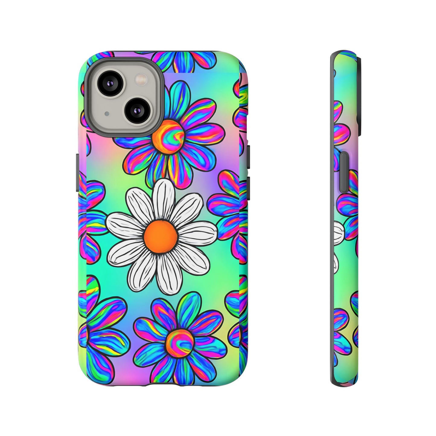 Trippy Daisy Tough Phone Case - Psychedelic Floral Design, Colorful Retro Aesthetic, Compatible with iPhone, Galaxy, and Google Phones