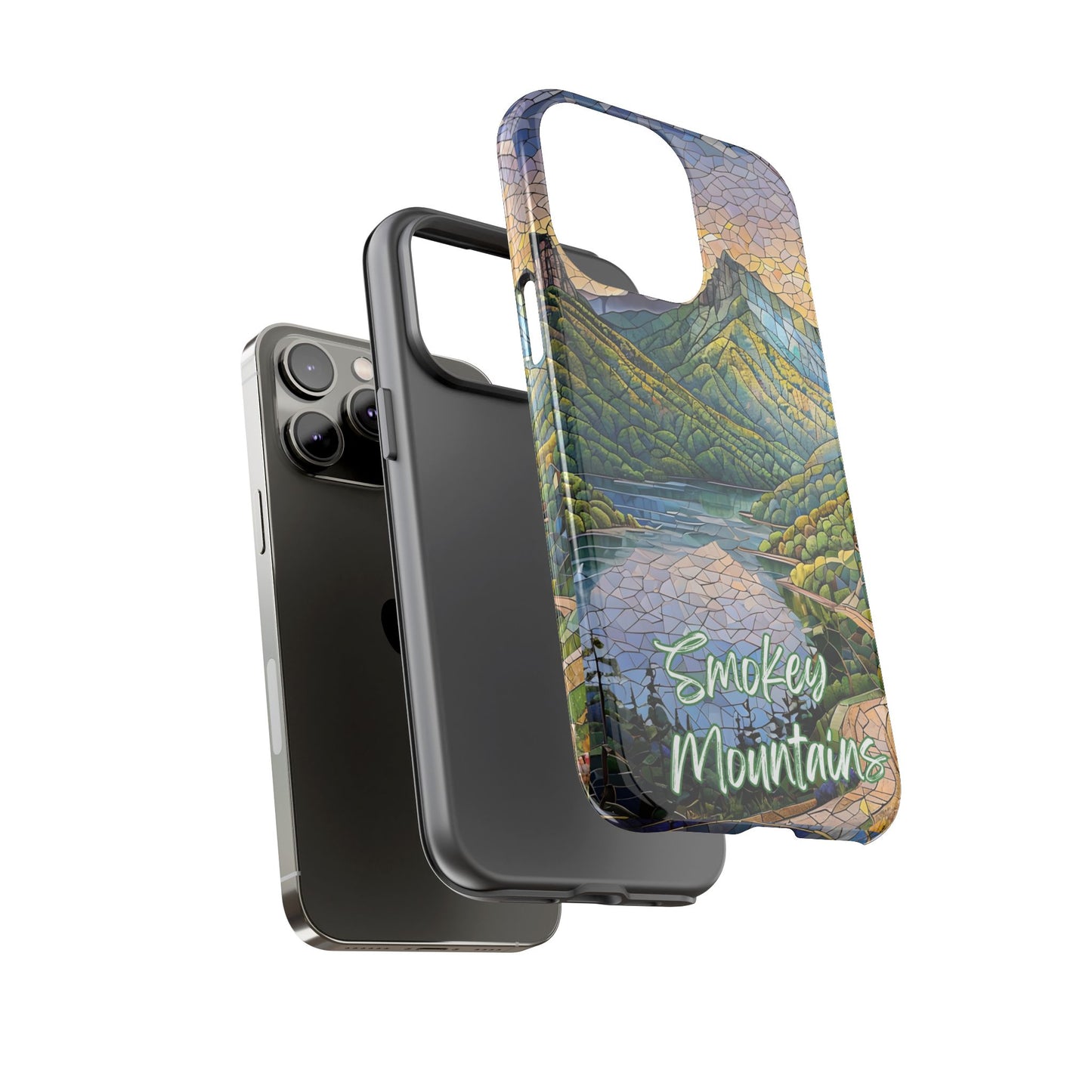 Great Smoky Mountains Mosaic Tough Phone Case Misty Mountain Forest Art, Nature Aesthetic, Compatible with iPhone, Galaxy, and Google Phones