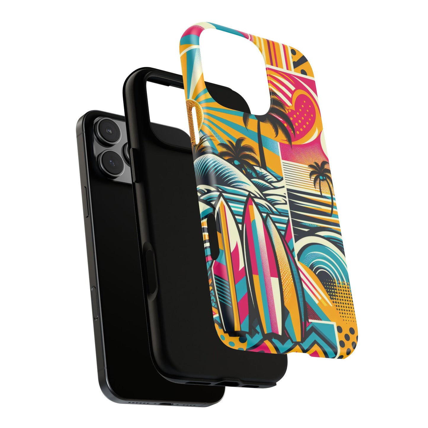 Surf Pop Phone Case - Colorful Retro Beach Vibe with Palm Trees and Surfboard compatible with iPhone, Samsung Galaxy and Pixel Summer Cover