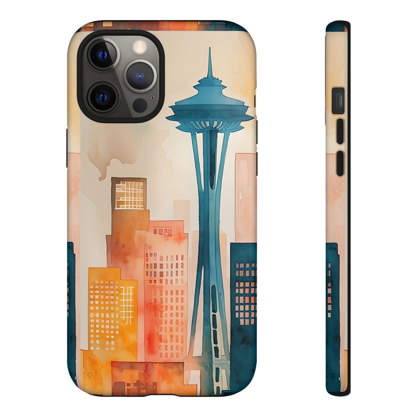 Seattle Cityscape Phone Case - Urban Skyline Art Tough Case, Watercolor City Aesthetic, Compatible with iPhone, Galaxy, Google Phones