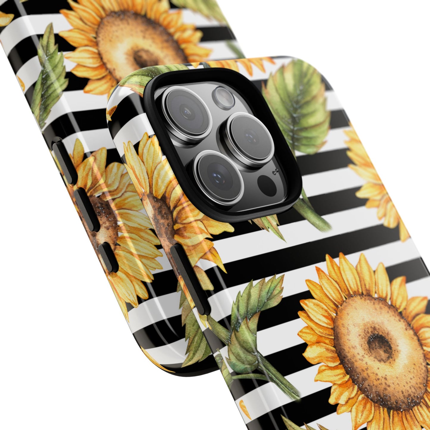 Sunflower Tough Phone Case - Bold Yellow Floral Art, Black and White Striped Aesthetic, Compatible with iPhone, Galaxy, and Google Phones