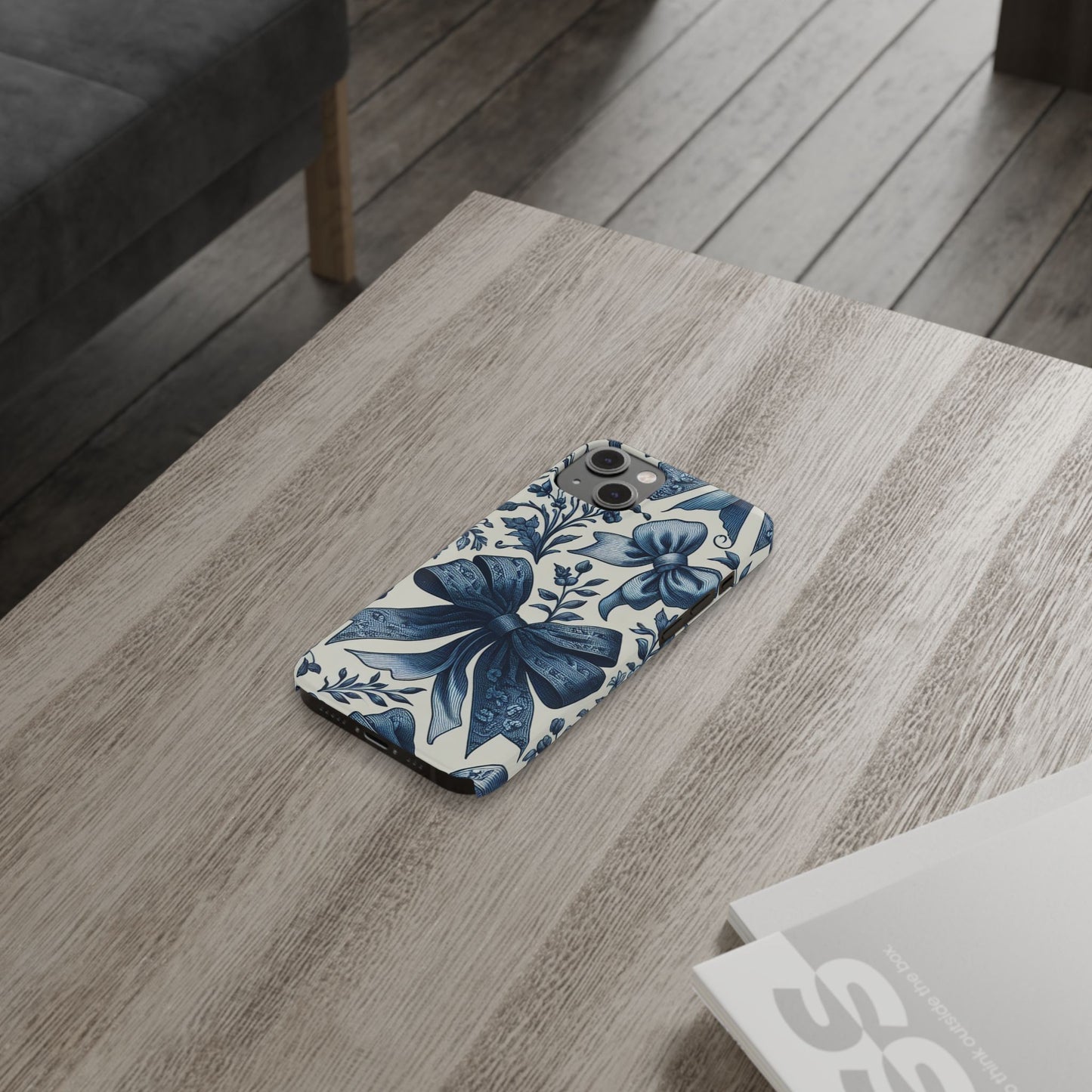 Elegant Floral Bow Slim Phone Case, Blue Flower Phone Cover, Gift for Her, Stylish Tech Accessory, Wedding Gift, Floral Design