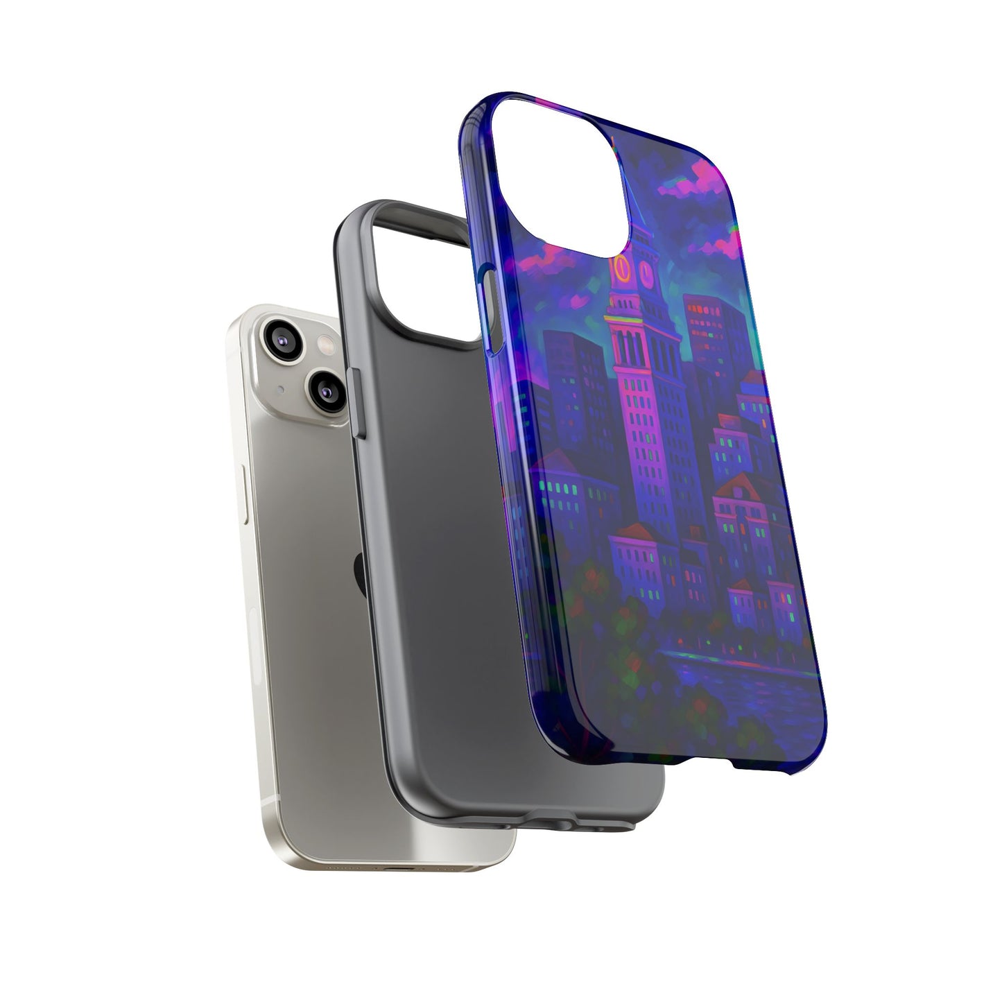 Boston Cityscape Tough Phone Case, Neon Night Skyline, Sunset Tower View Watercolor Urban Art, Compatible with iPhone, Galaxy, Google Phones