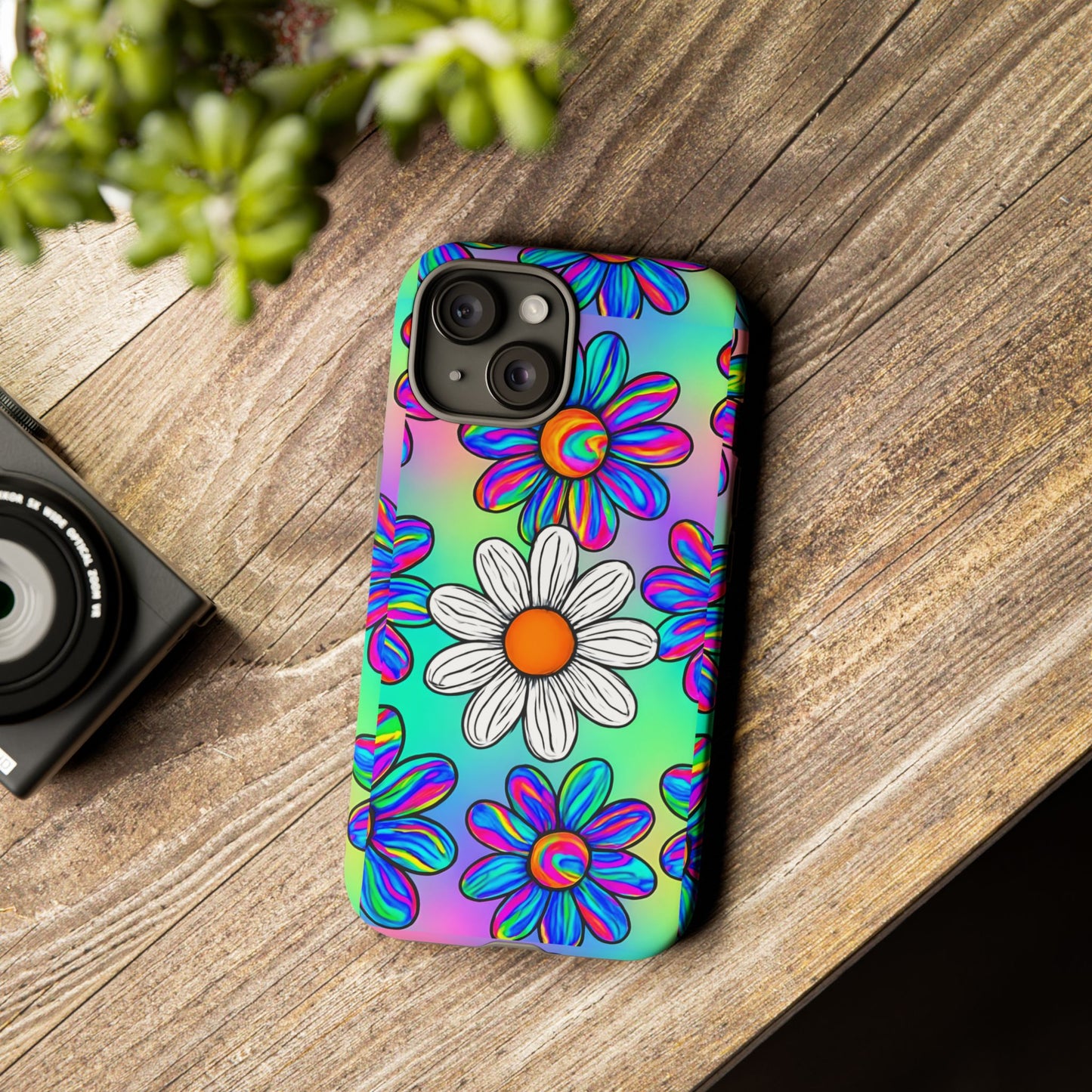 Trippy Daisy Tough Phone Case - Psychedelic Floral Design, Colorful Retro Aesthetic, Compatible with iPhone, Galaxy, and Google Phones