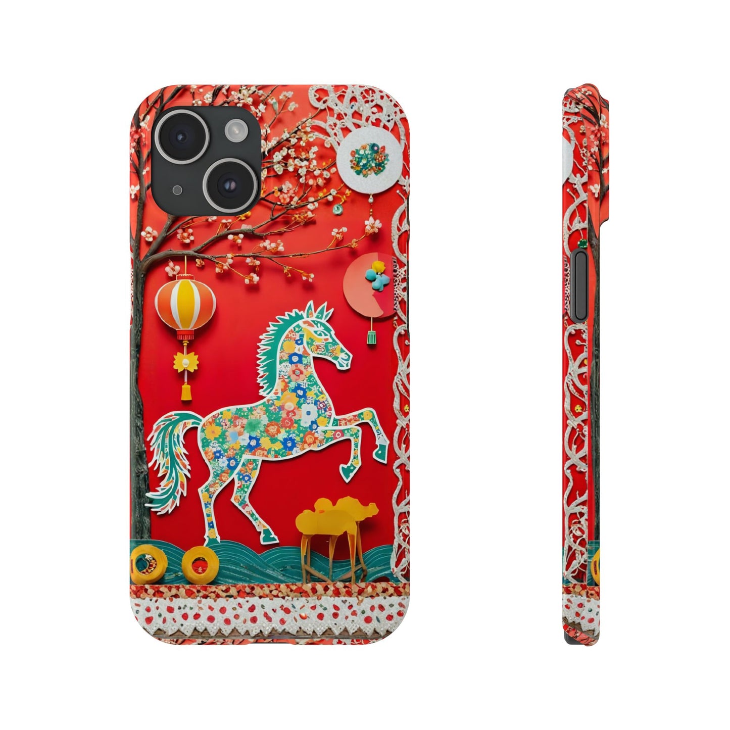 Year of the Horse Slim Phone Case, Flower Art Chinese Zodiac 2026 Design, compatible with iPhone 17 16 15 14 13 12 11