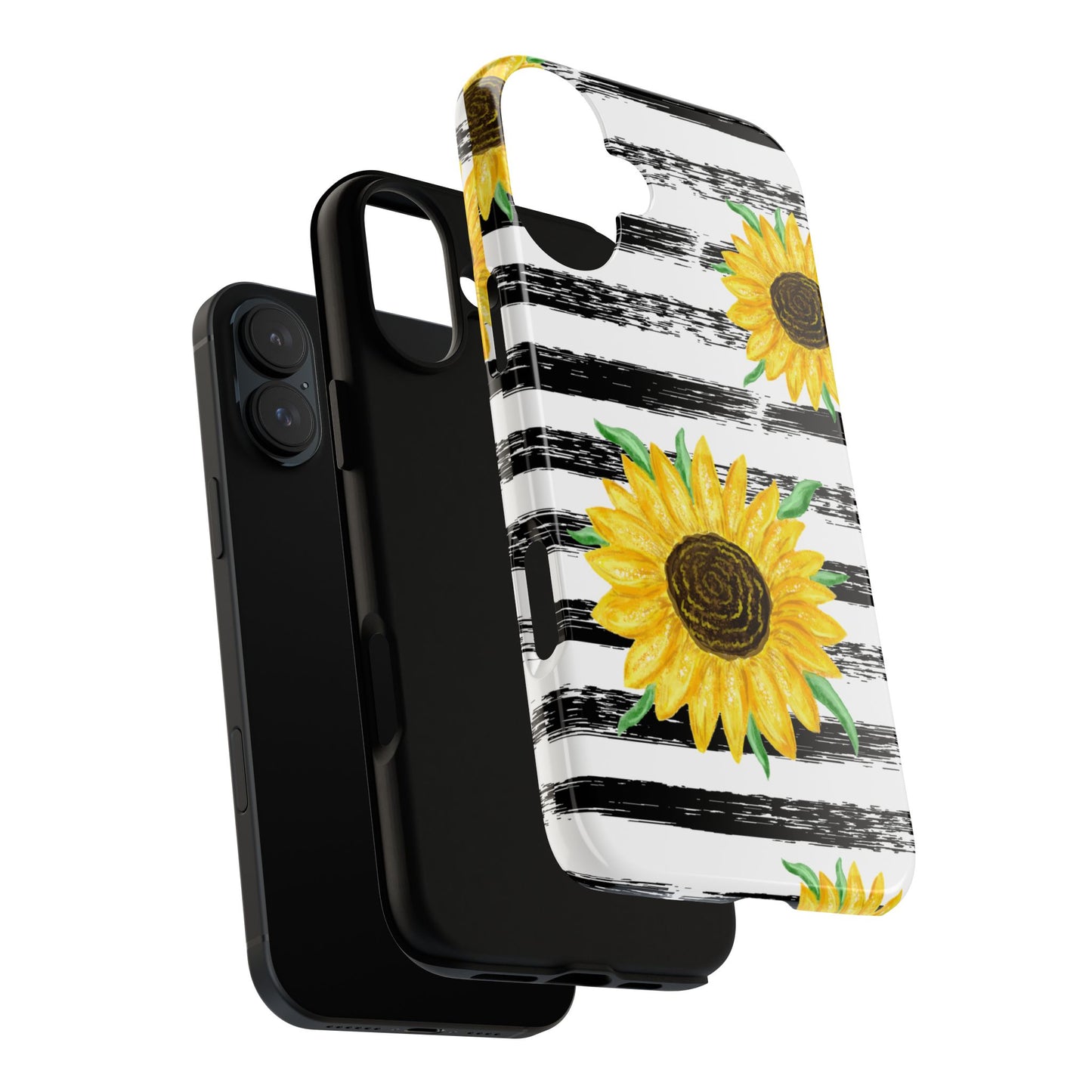 Sunflower Tough Phone Case - Bright Yellow Floral Art, Black and White Striped Aesthetic, Compatible with iPhone, Galaxy, and Google Phones