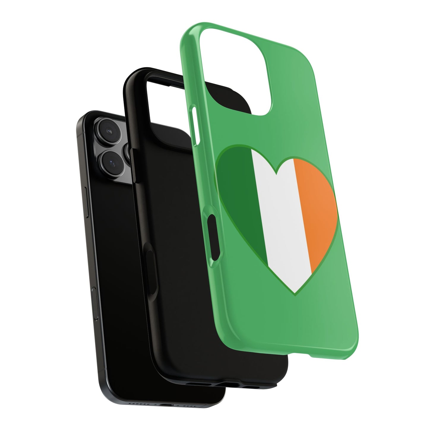 Tough Case Ireland Heart Flag Design Phone Cover Compatible with iPhone 17, 16, 15, 14, 13, Galaxy, Google, Green White Orange Irish Art