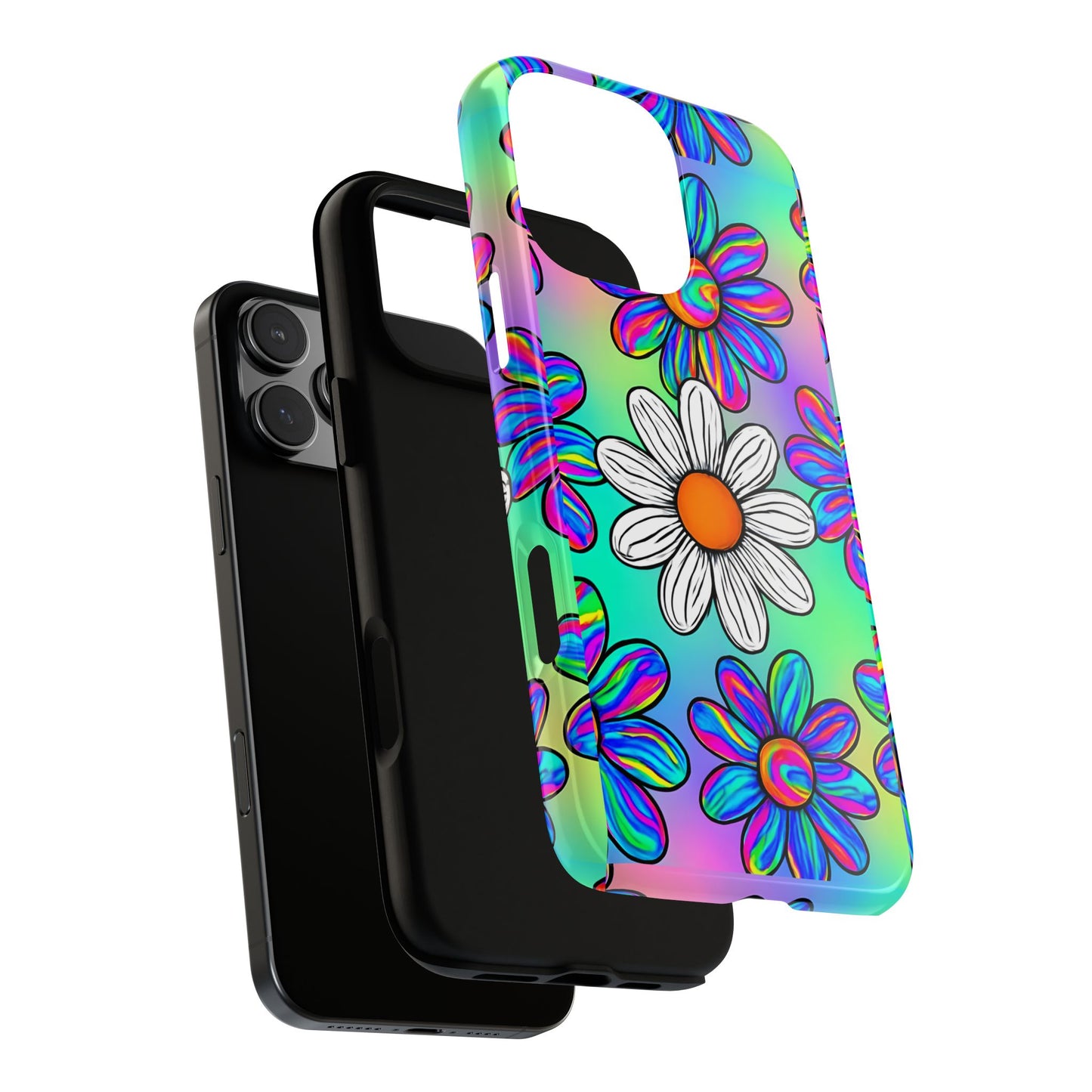 Trippy Daisy Tough Phone Case - Psychedelic Floral Design, Colorful Retro Aesthetic, Compatible with iPhone, Galaxy, and Google Phones