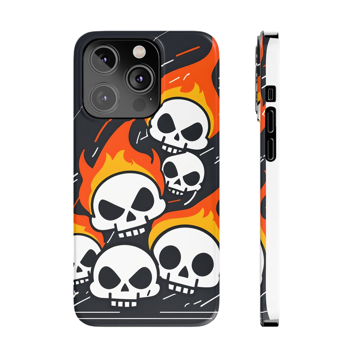 Flaming Skulls Slim Phone Case, Y2K Alt Halloween Aesthetic, Creepy Cute Cartoon Style, Stylish Music Lovers, Perfect Gift for Halloween