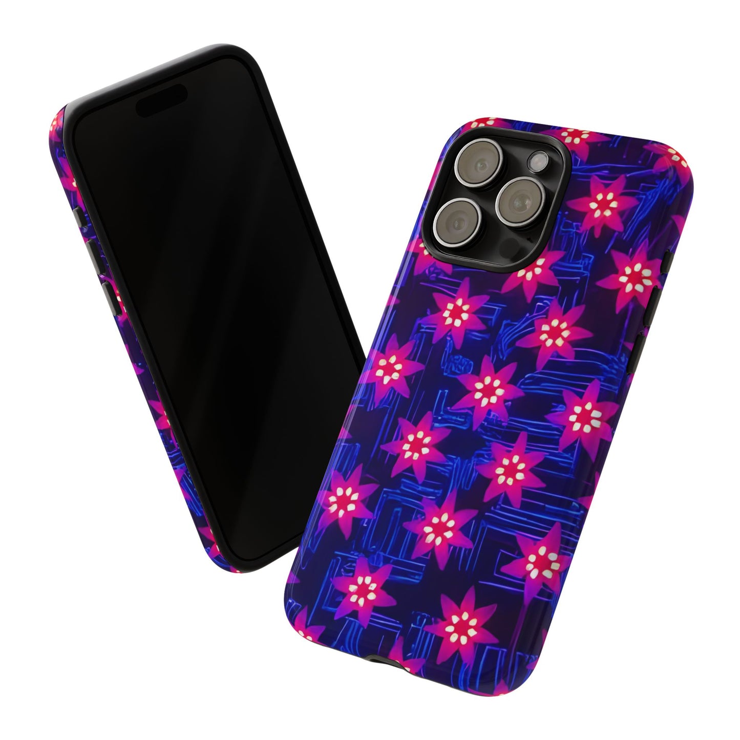 Neon Flower Tough Phone Case - Trippy Dark Floral Art, Electric Glow Aesthetic, Compatible with iPhone, Galaxy, and Google Phones