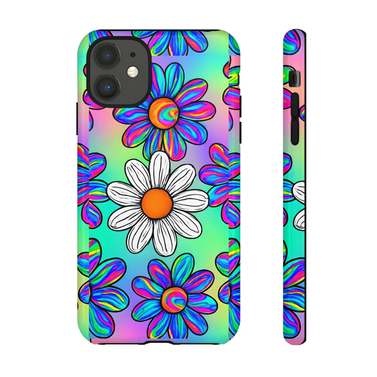 Trippy Daisy Tough Phone Case - Psychedelic Floral Design, Colorful Retro Aesthetic, Compatible with iPhone, Galaxy, and Google Phones