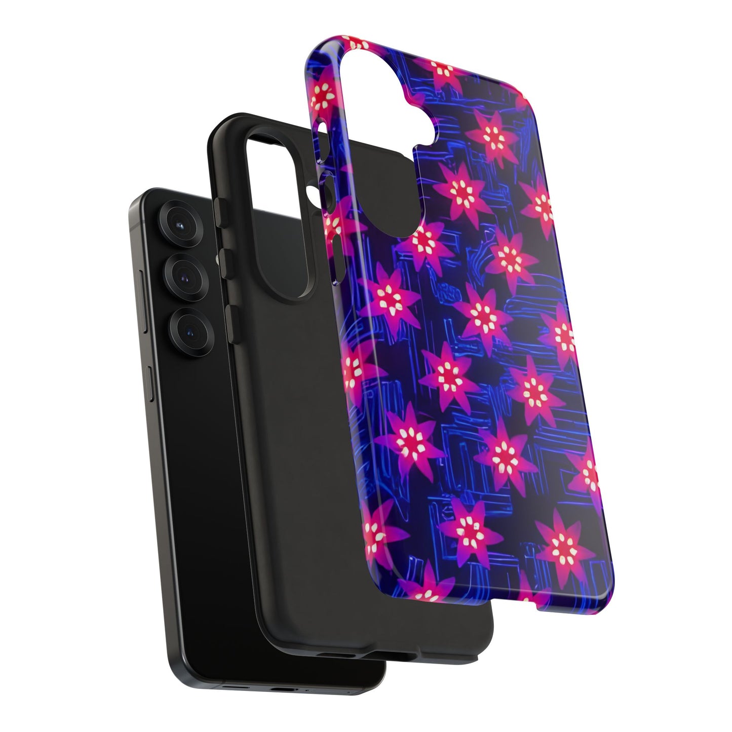 Neon Flower Tough Phone Case - Trippy Dark Floral Art, Electric Glow Aesthetic, Compatible with iPhone, Galaxy, and Google Phones
