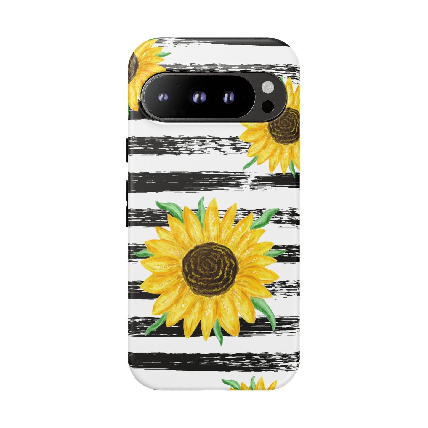 Sunflower Tough Phone Case - Bright Yellow Floral Art, Black and White Striped Aesthetic, Compatible with iPhone, Galaxy, and Google Phones