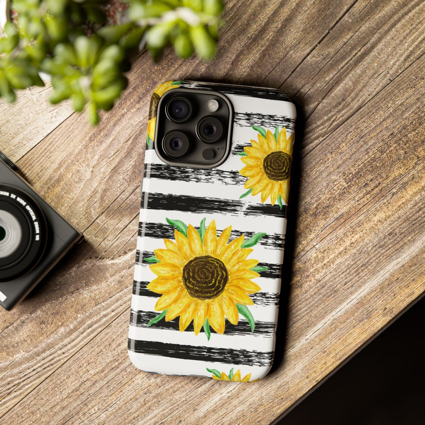 Sunflower Tough Phone Case - Bright Yellow Floral Art, Black and White Striped Aesthetic, Compatible with iPhone, Galaxy, and Google Phones
