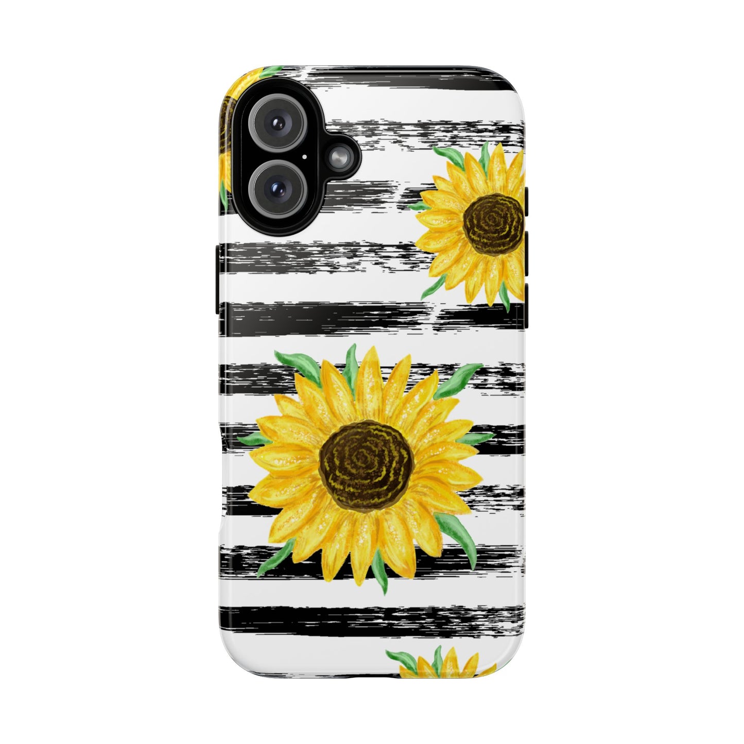 Sunflower Tough Phone Case - Bright Yellow Floral Art, Black and White Striped Aesthetic, Compatible with iPhone, Galaxy, and Google Phones