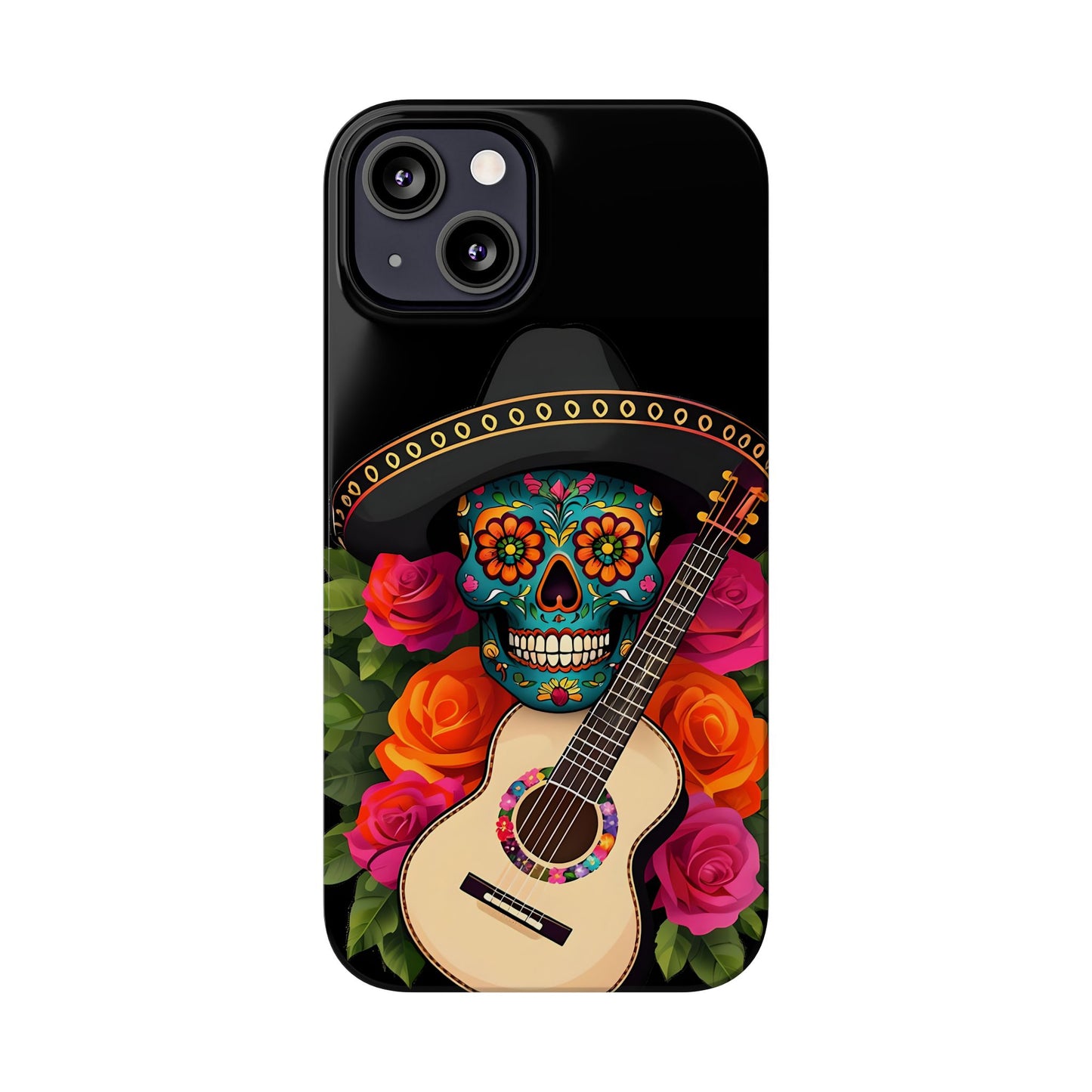 Mariachi Skull Slim Phone Case, Colorful Folk Aesthetic, Halloween Floral Skull Design, Gift for Mexican Culture Lovers